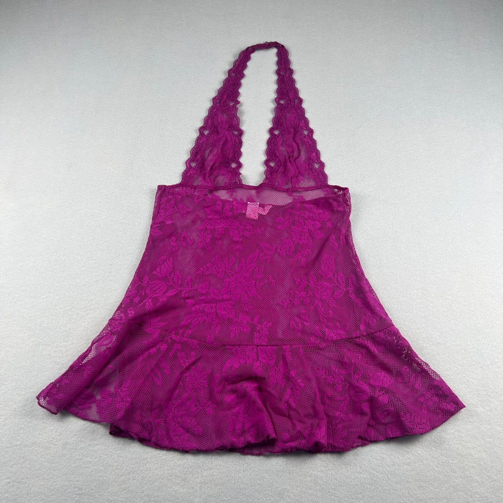 Y2K Victoria's Secret Babydoll Top Magenta‎ Lace Halter Ruffle Lingerie Softgirl